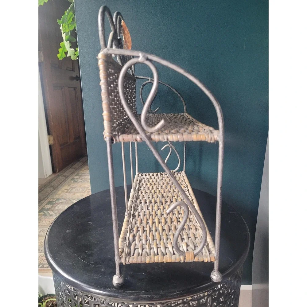 Coastal Wicker & Metal Two-Tier Shelf | French Country Cottage Decor Seashell‎
